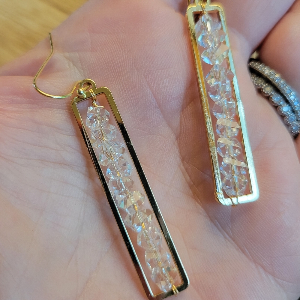 Stacked Sparkle Gold Framed Drop Earrings, lightweight - Picture 5 of 9